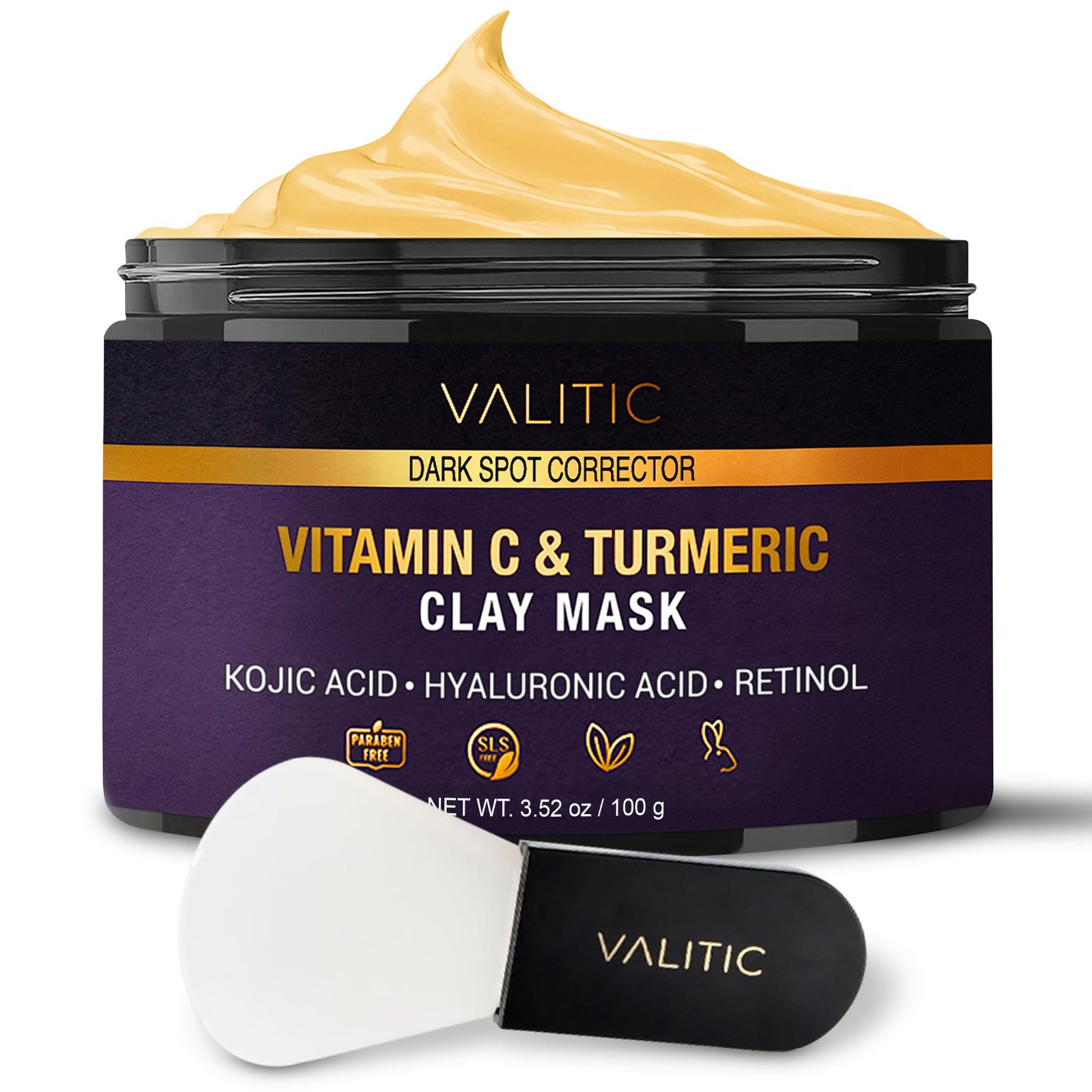 71d-gm+UfgL VALITIC Vitamin C & Turmeric Clay Mask - Dark Spot Corrector with Kojic Acid, Hyaluronic Acid & Retinol - Skin Care Routine for Minimizing Pores & Blackheads - with Applicator Brush - 100g - Image 1